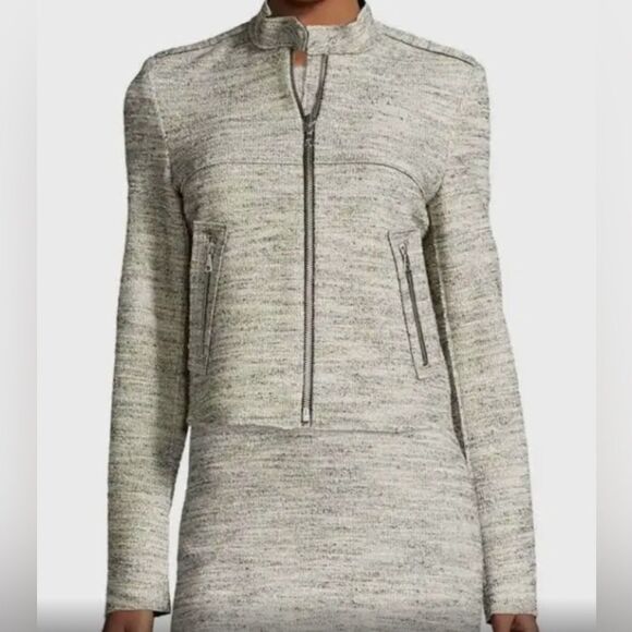 THEORY Bavewick Branson Moto Jacket Nubby Black/Cream Raw Hem. Zipper Front. - Picture 3 of 11